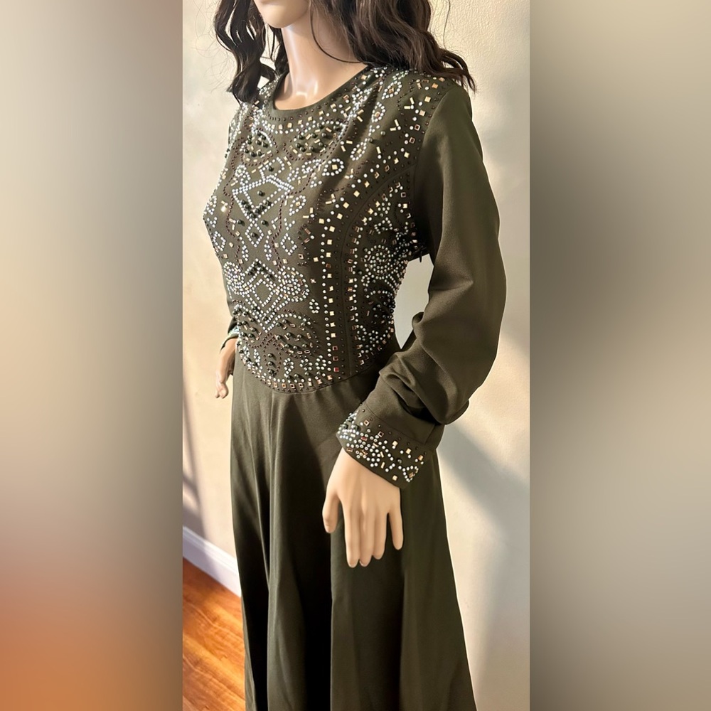 Modest olive green sequined beaded dress
